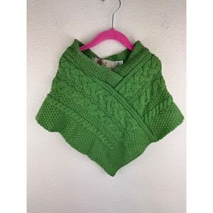 Kids Green 100% Merino Wool Aran Sweater Market Cable Knit Poncho Size S